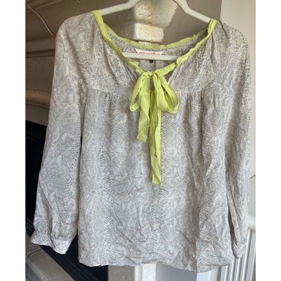 Rebecca Taylor Python Print Silk Blouse Fluorescent Neck Tie Grey Off White Sz 2 - Picture 3 of 10